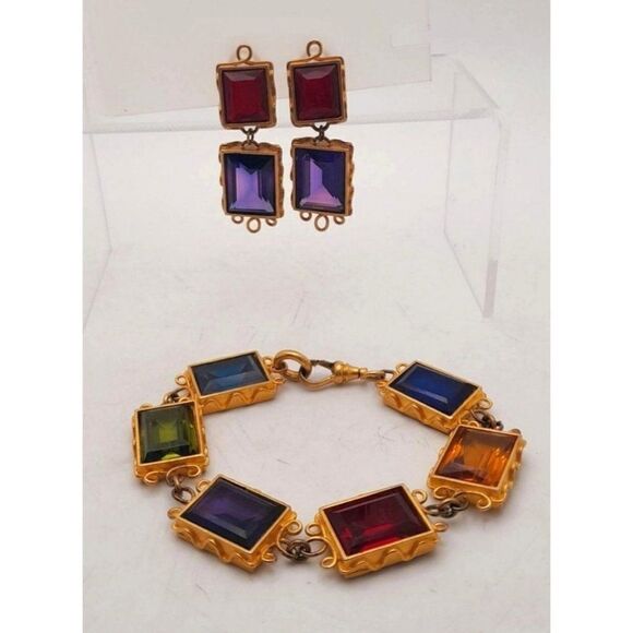 Early Mish Tworkowski Bracelet Clip Earrings Set Colorful Faux Stones Gold Tone - Picture 4 of 10